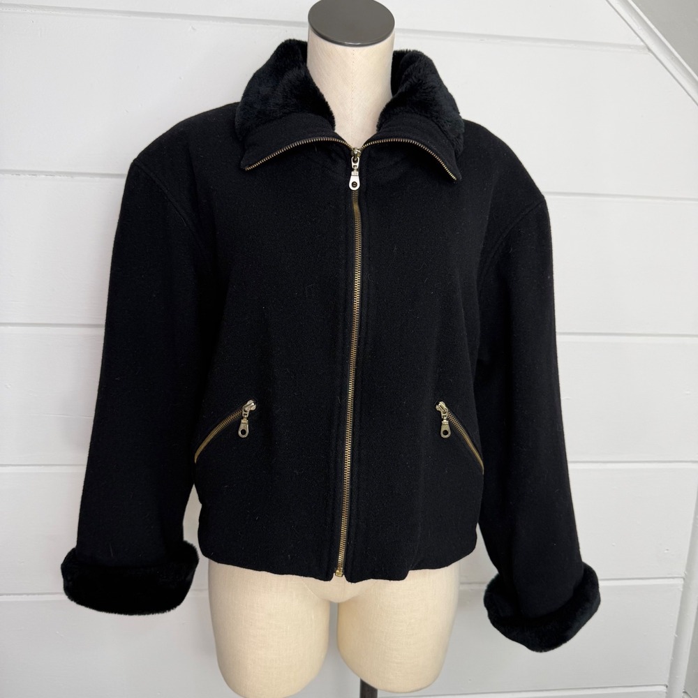 Braetan Large Black Faux Fur Trim Wool Blend‎ Jacket Fur Cuffs Full Zip VTG Y2K